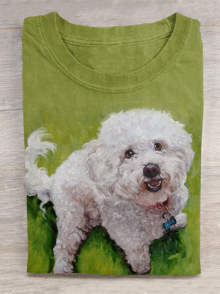 Dog Art Printed Crew Neck Short Sleeve T-Shirt