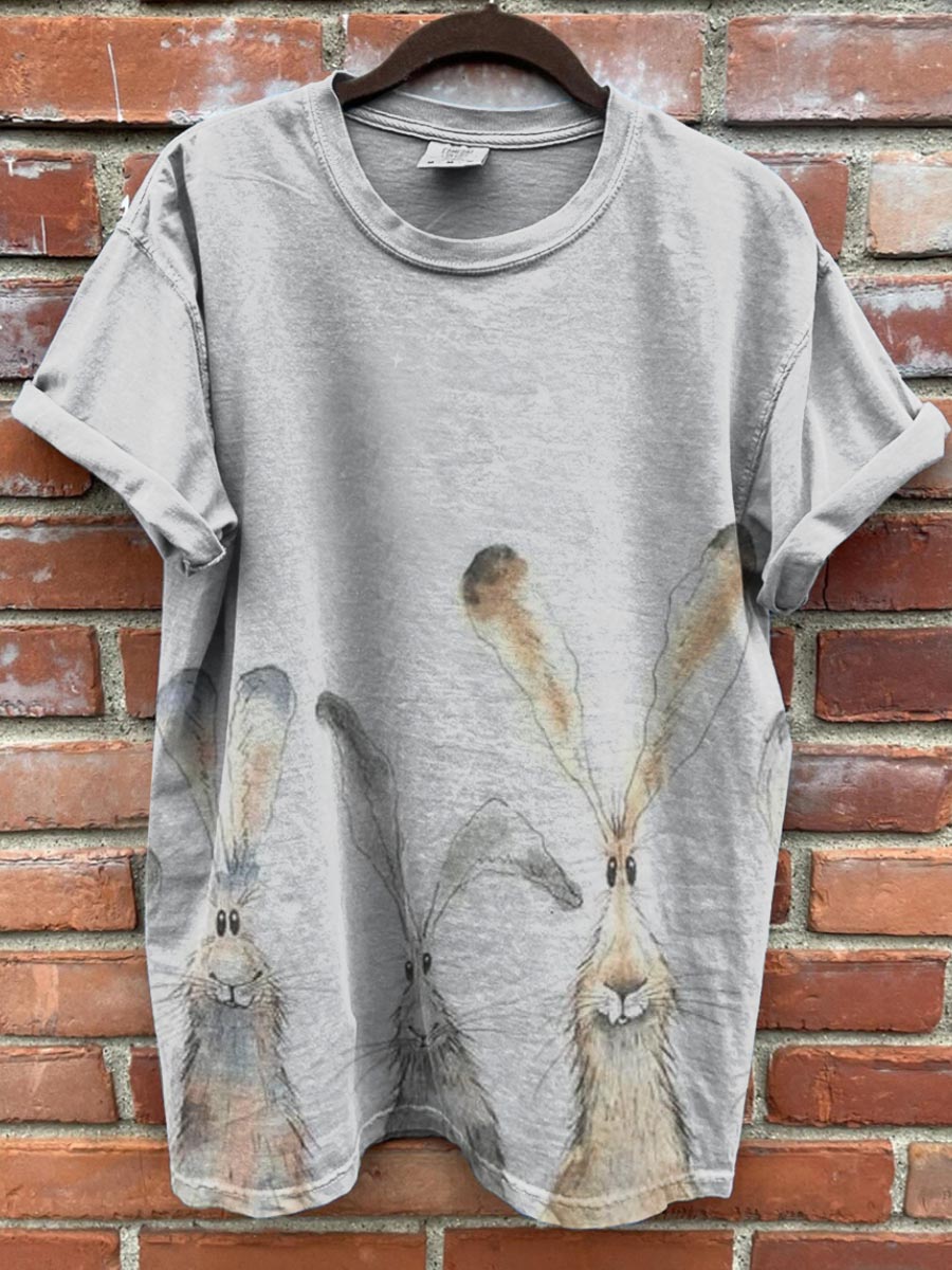 Vintage Rabbit Art Print Casual T-shirt For Men And Women