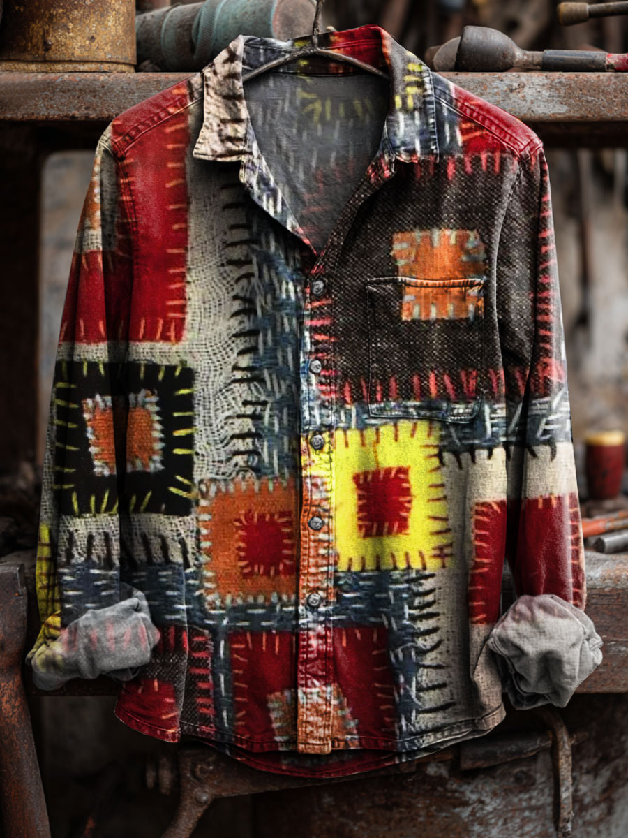 Vintage Patchwork Art Print 100% Cotton Long Sleeve Shirt