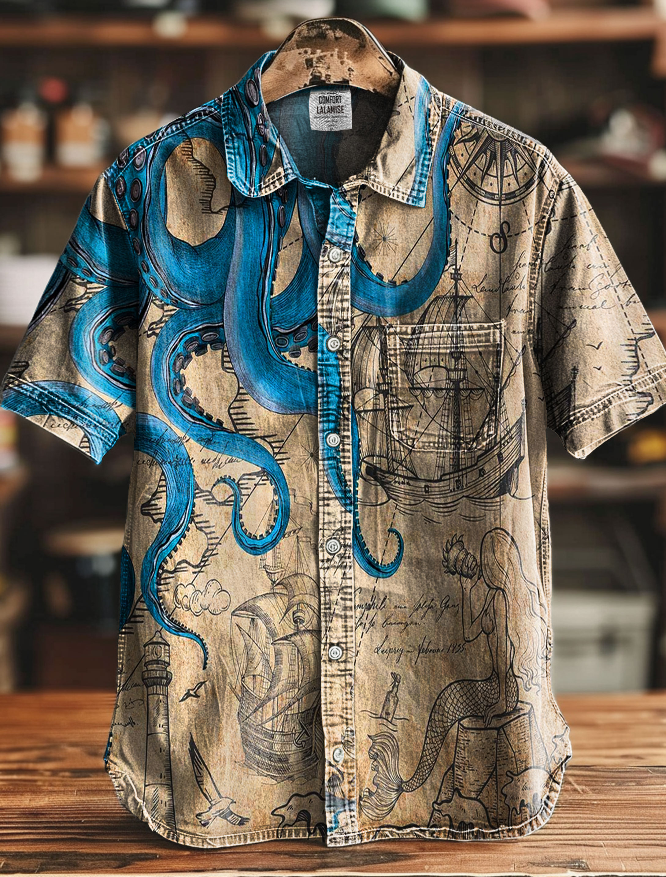 Vintage Nautical Octopus Art Print Casual 100% Cotton Shirt