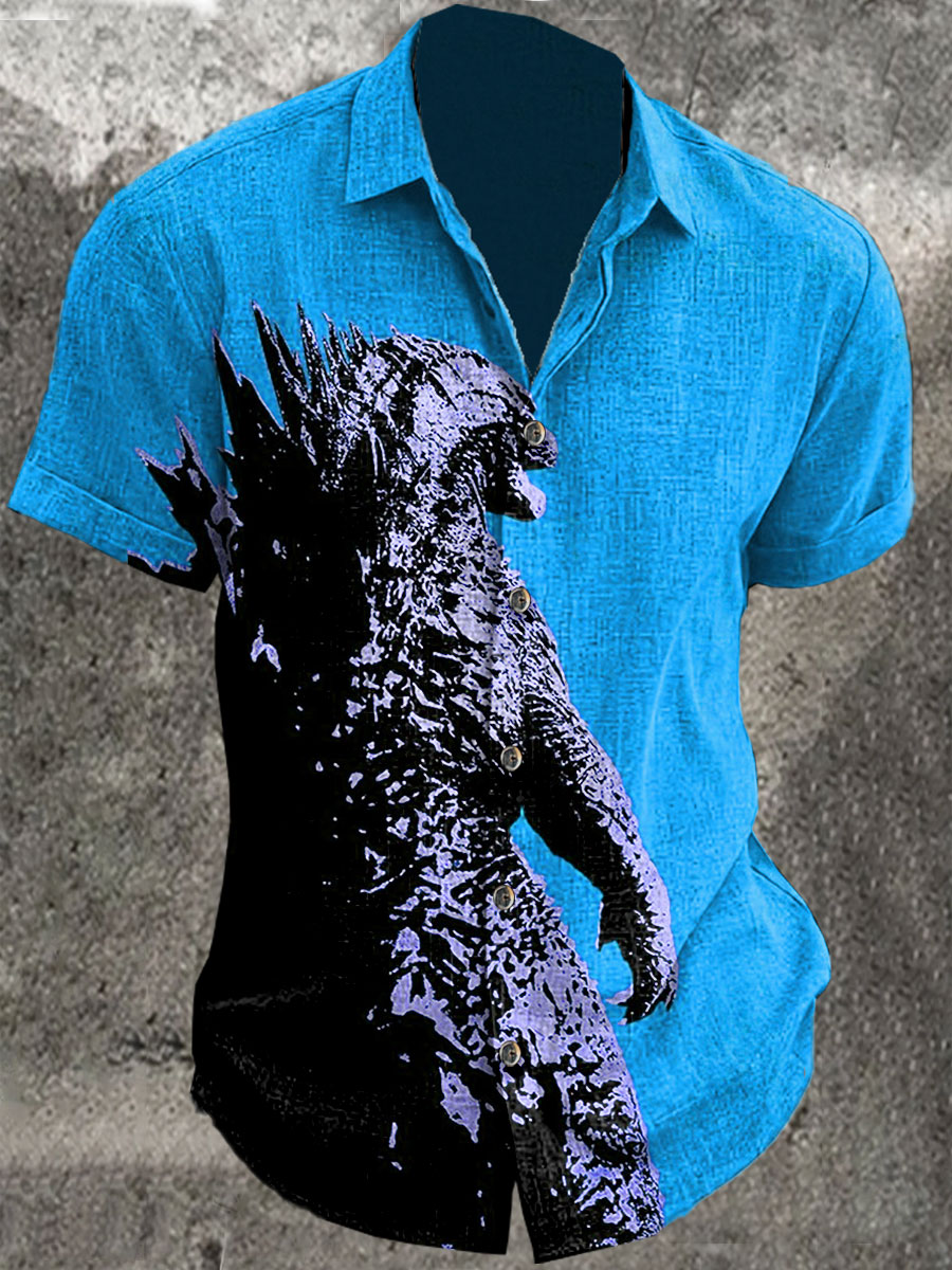 Godzilla Dinosaur Art Print Casual Cotton And Linen Shirt