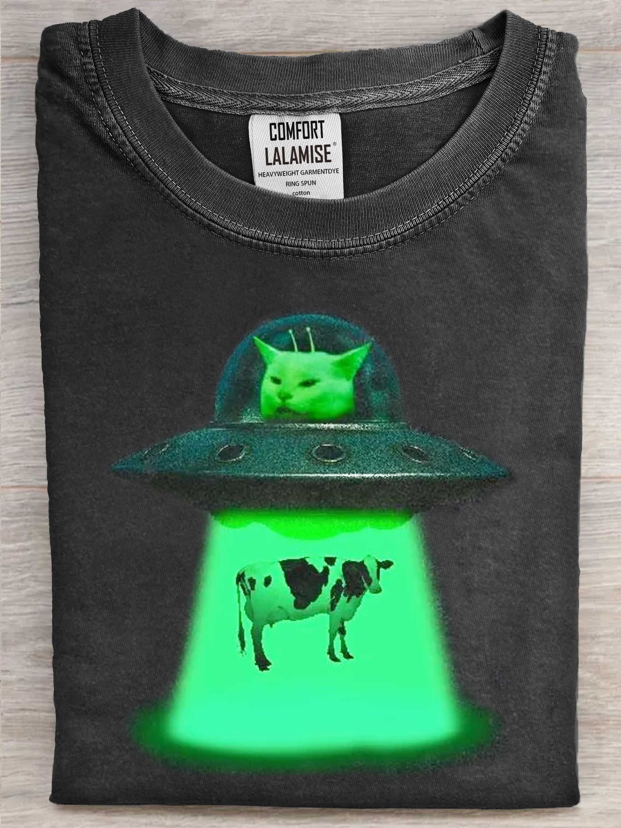 Funny UFO Meme Cat Art Print Casaul Cotton Short Sleeve T-shirt