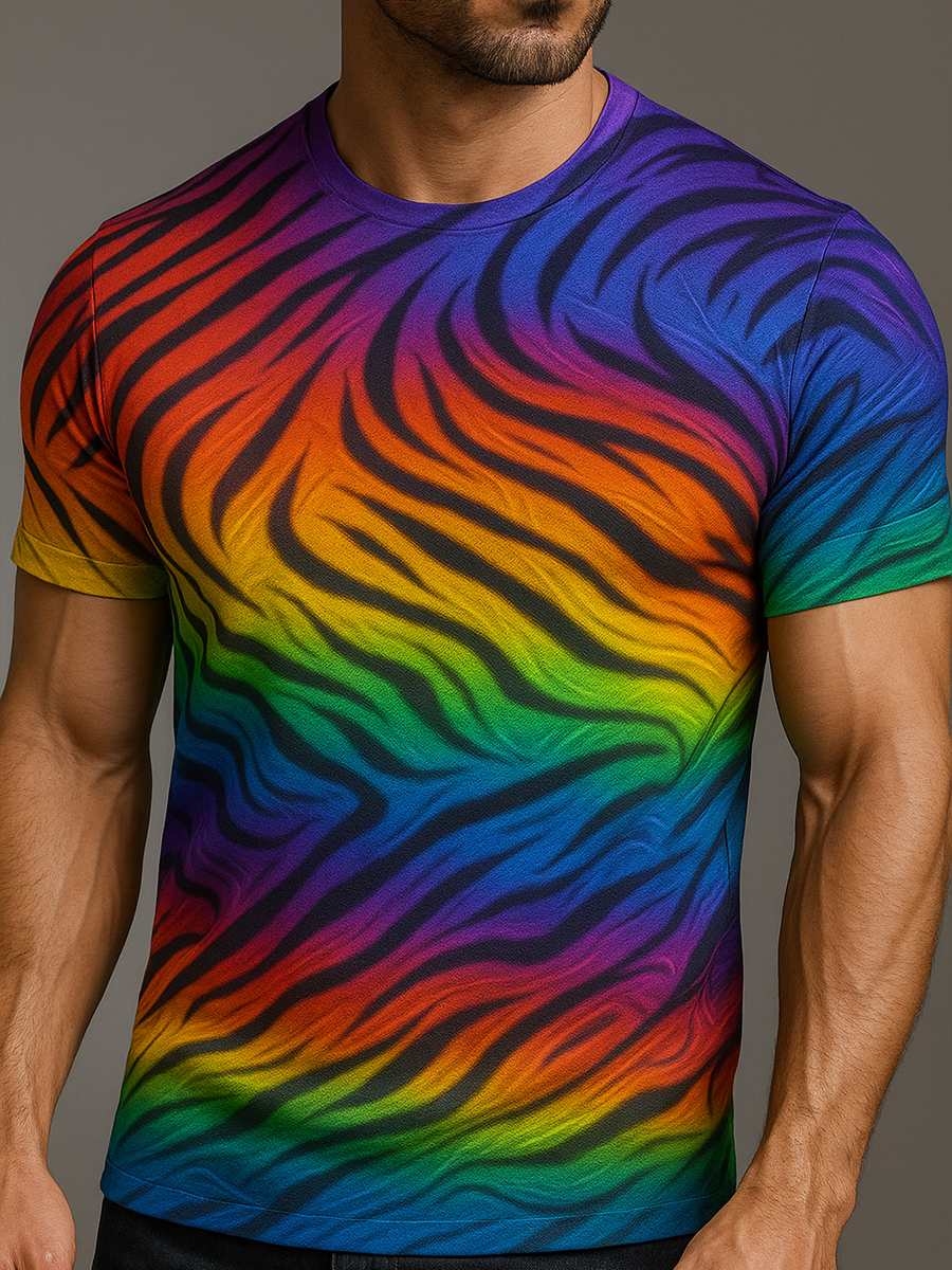 Rainbow  Tiger Print Casual Short Sleeve T-Shirt