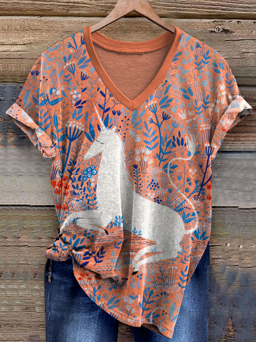 Fancy Unicorn Art Print V-neck Casual T-Shirt