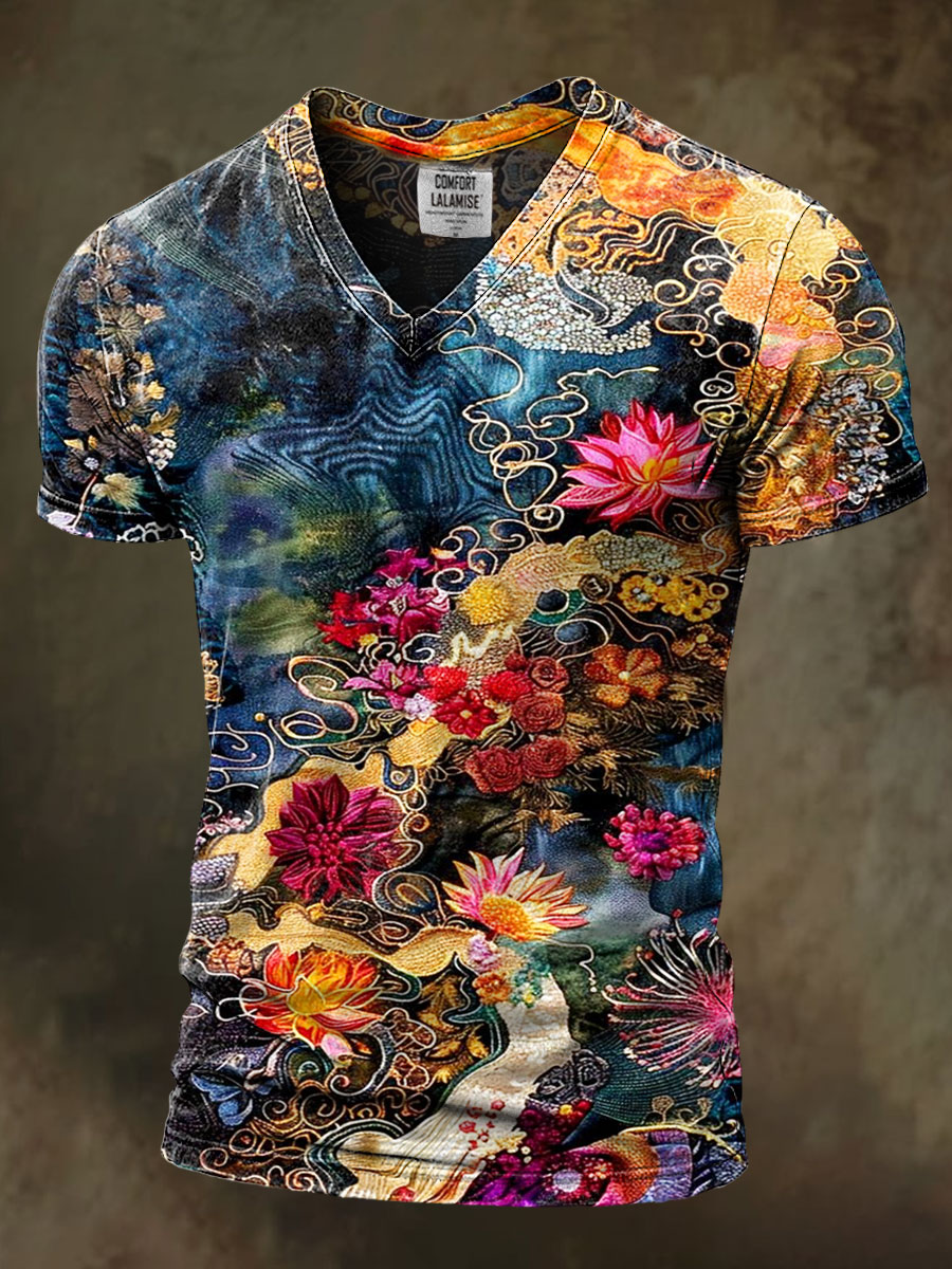 Vintage Flower Art Print Casaul Short Sleeve V-neck T-shirt