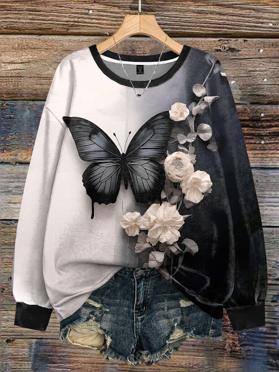 Butterfly Floral Art Print Casual  Sweatshirt