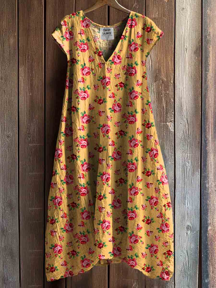 Vintage Floral Art Print V-neck Pocket Cotton Dress