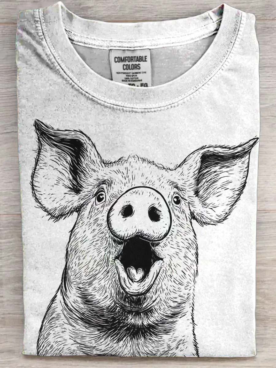 Cute Line Pig Print Casual Short Sleeve T-Shirt