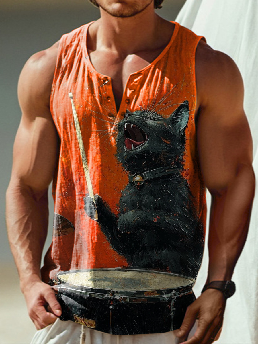 Vintage Cat Print 100% Cotton Casual Tank Top