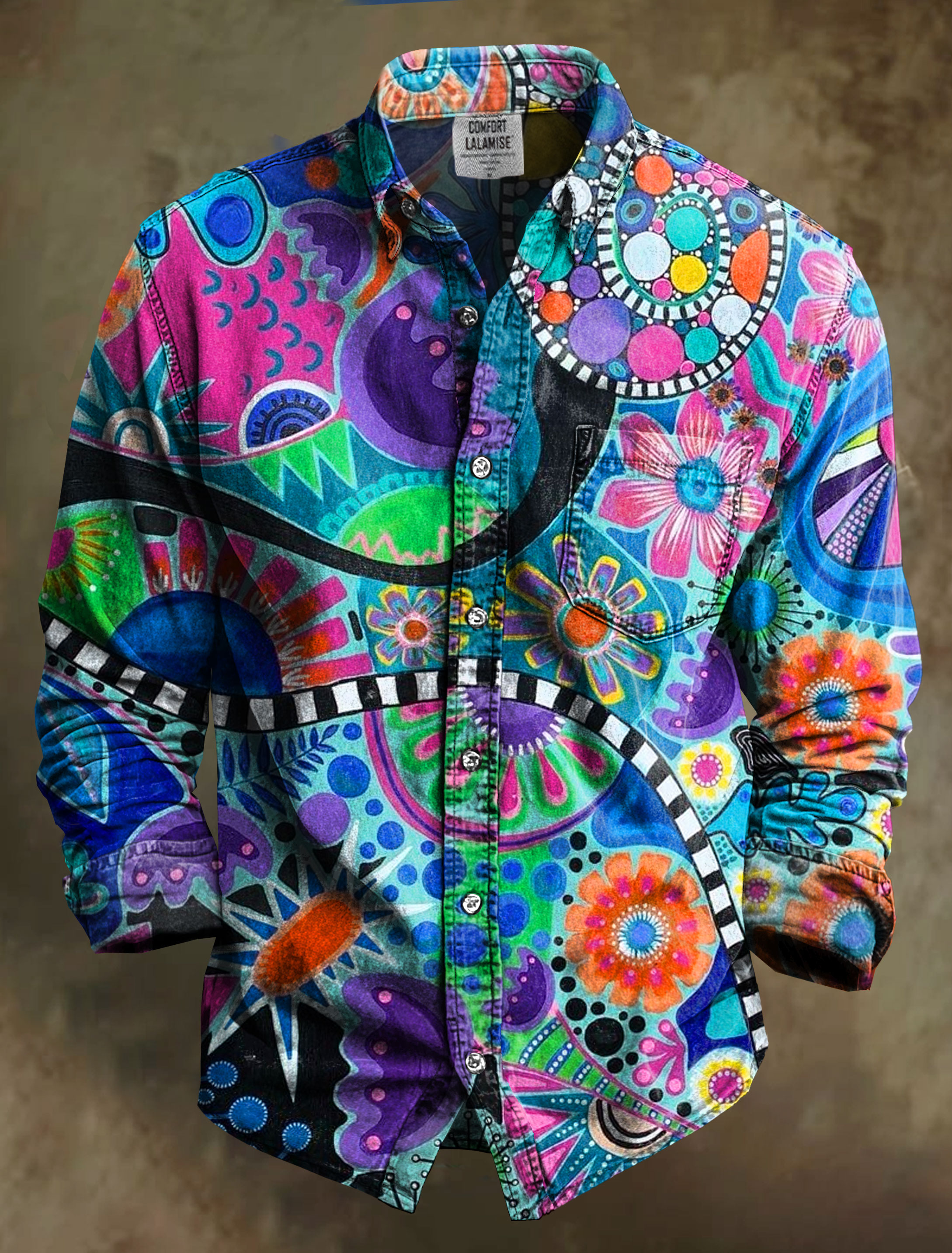 Abstrct Flower Art Print 100% Cotton Long Sleeve Shirt