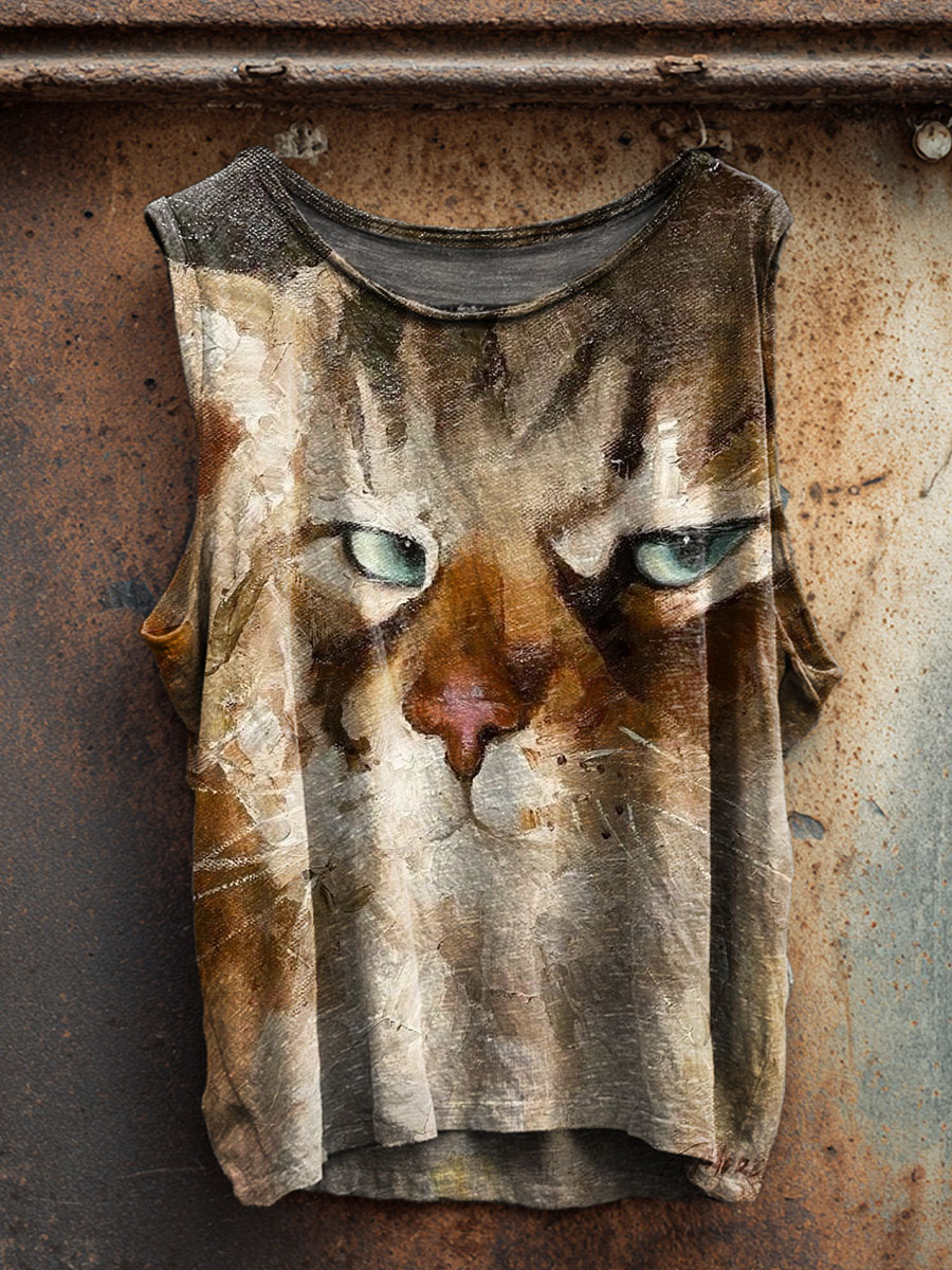 Vintage Cat Print 100% Cotton Casual Tank Top