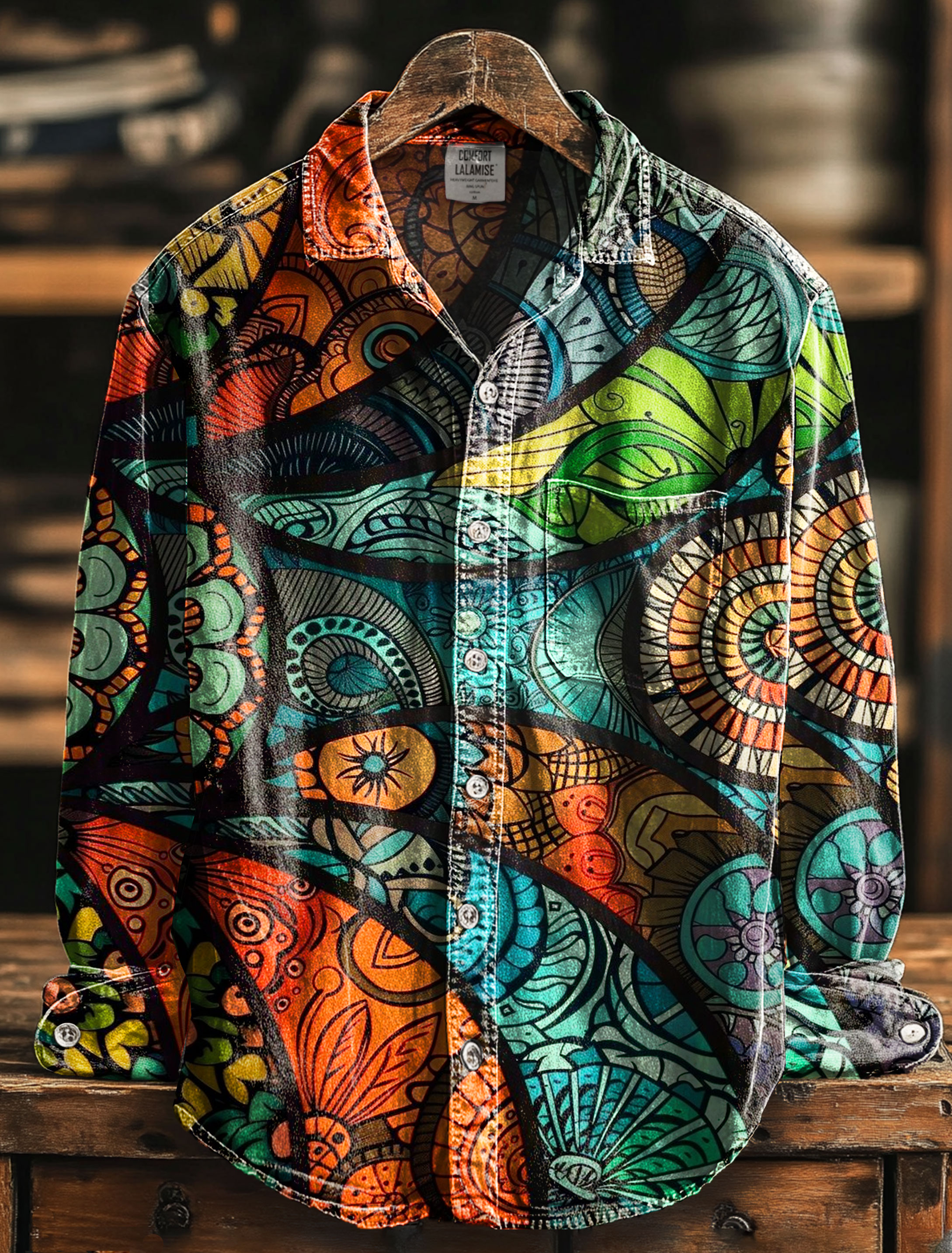 Multicolor Vintage Patchwork Art Print 100% Cotton Long Sleeve Shirt