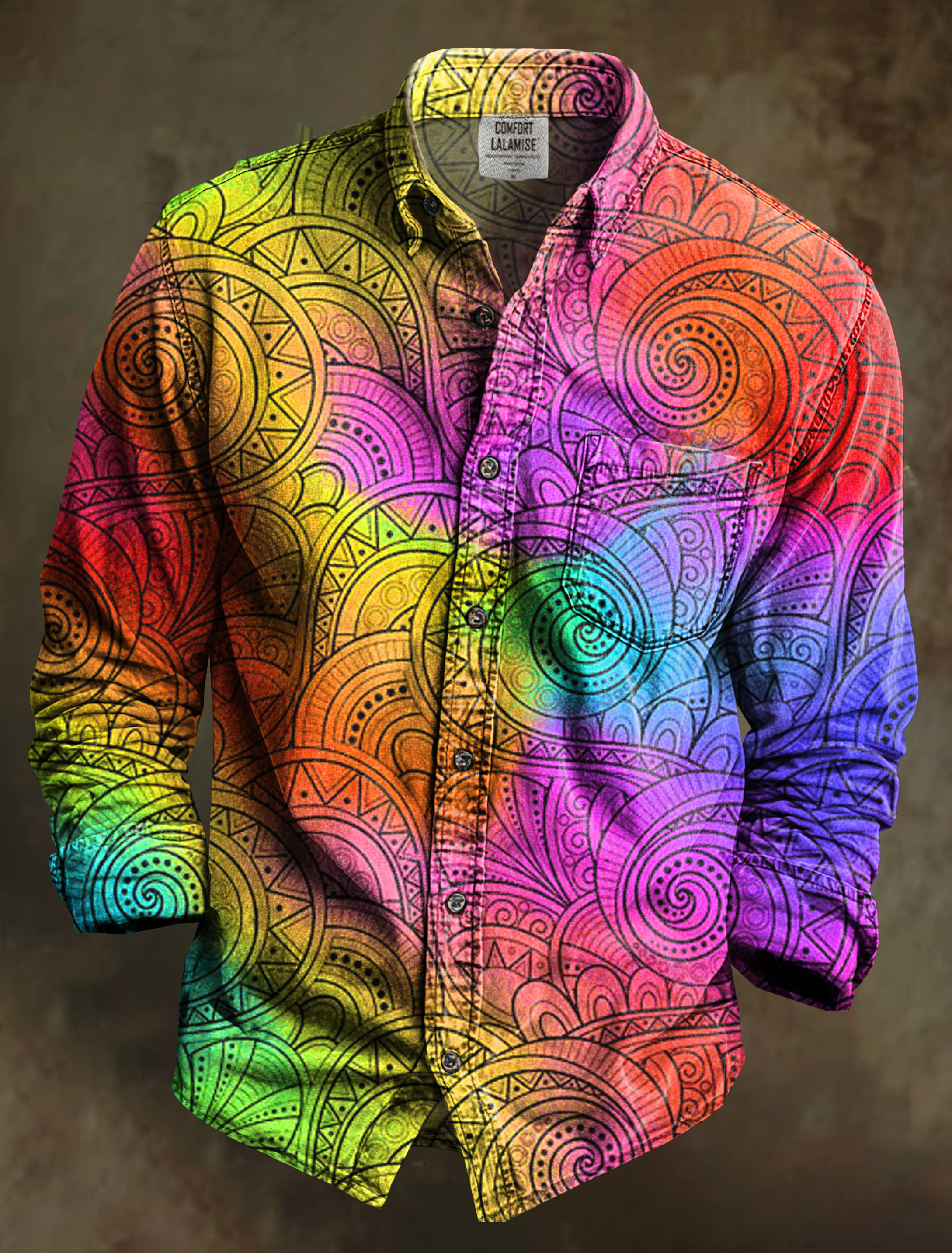 Ombre Geo Swirl Art Print 100% Cotton Long Sleeve Shirt