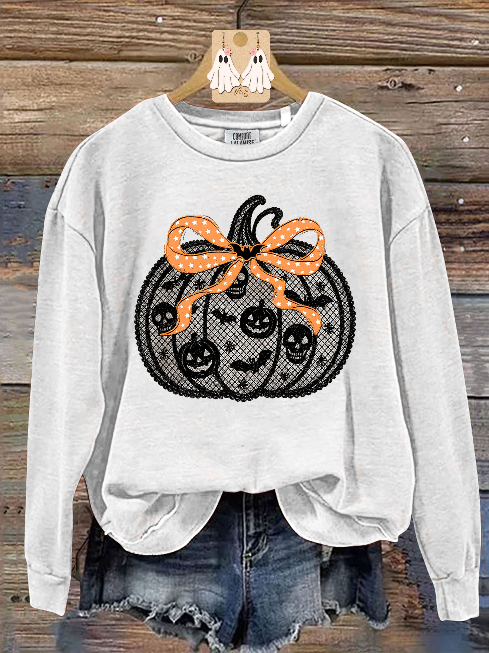 Cute Lace  Fall Pumpkin Print Casual Sweatshirt