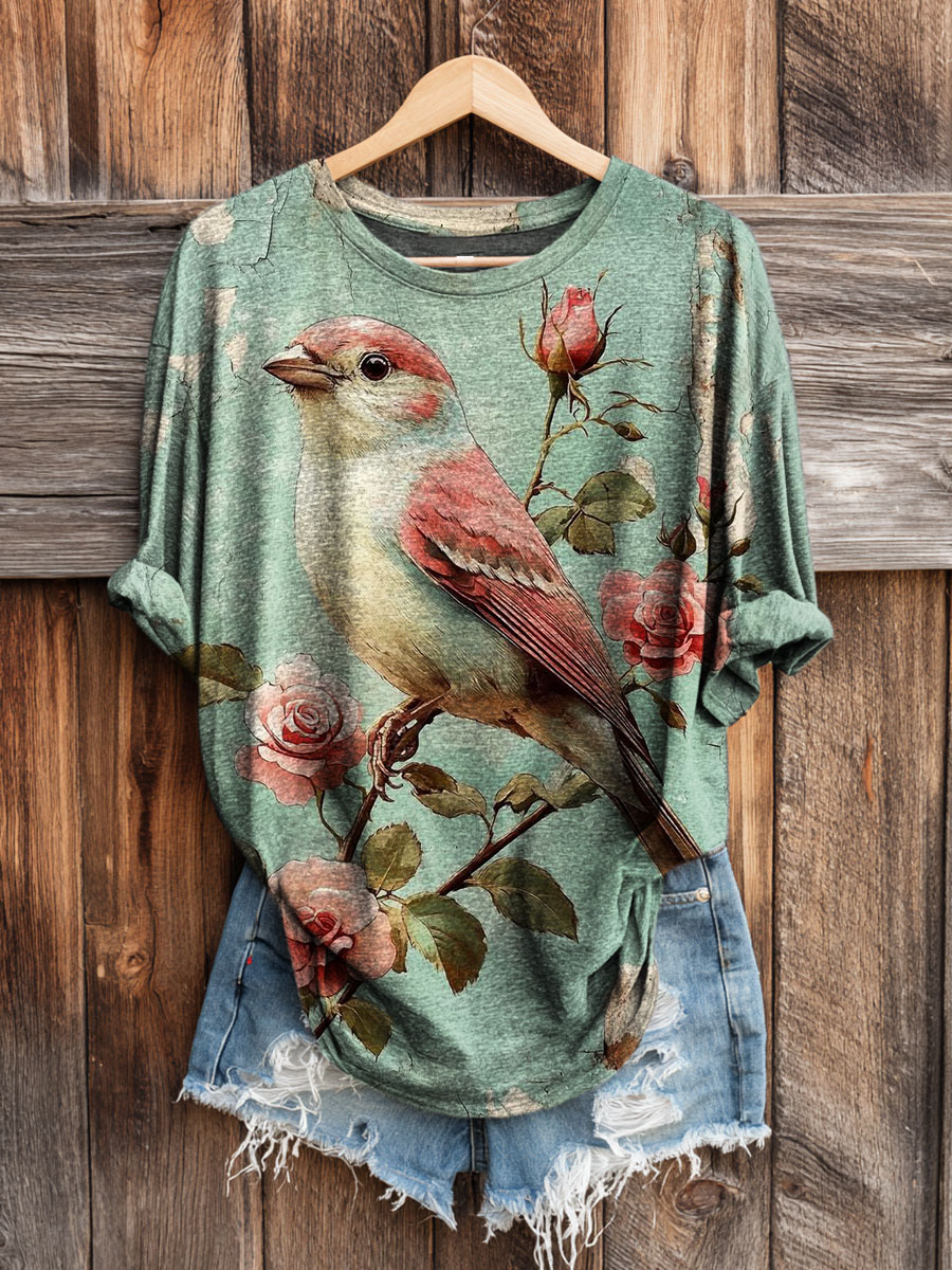 Vintage Bird Art Print Long-sleeved Casual T-shirt