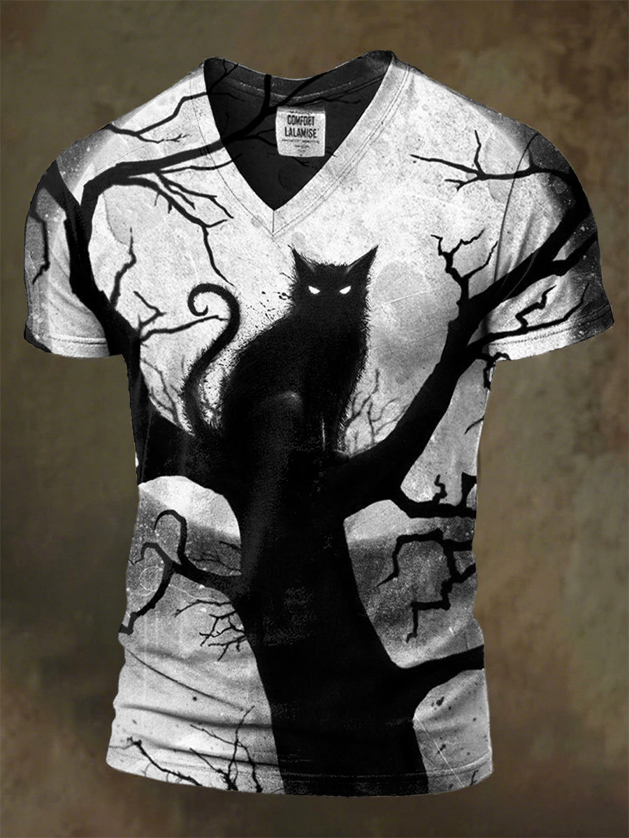 Retro Halloween Black Cat Art Print T-shirt