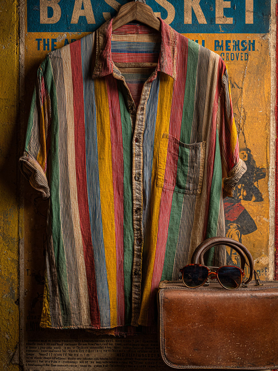 Vintage Stripe Art Print Casual 100% Cotton Shirt