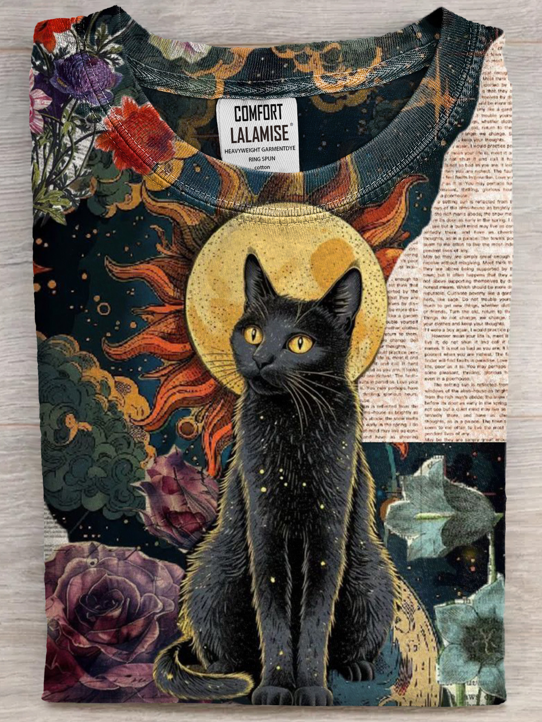 Vintage Abstract black cat Art Print Cotton Casual Short Sleeve T-shirt