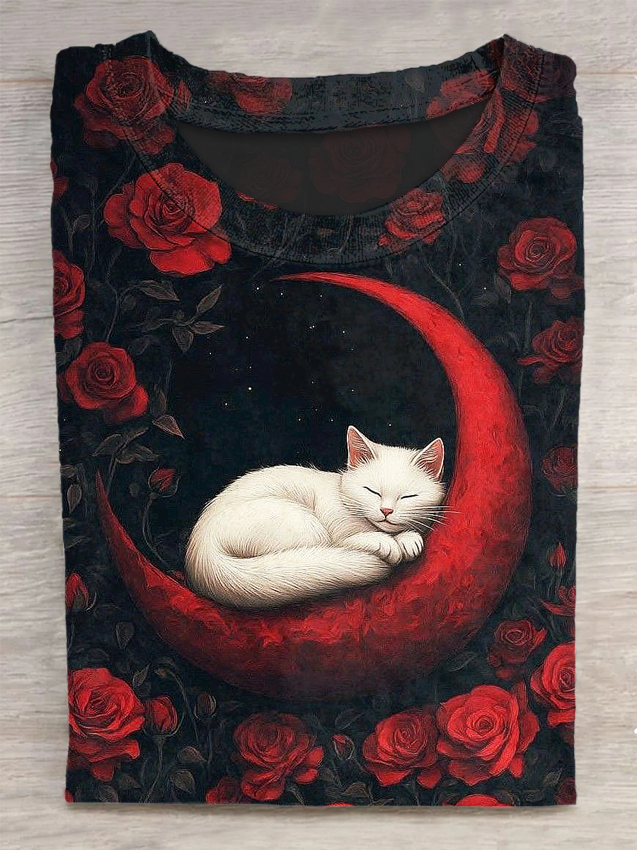 Cat Printed Vintage Fashion Loose Short Sleeve T-Shirt