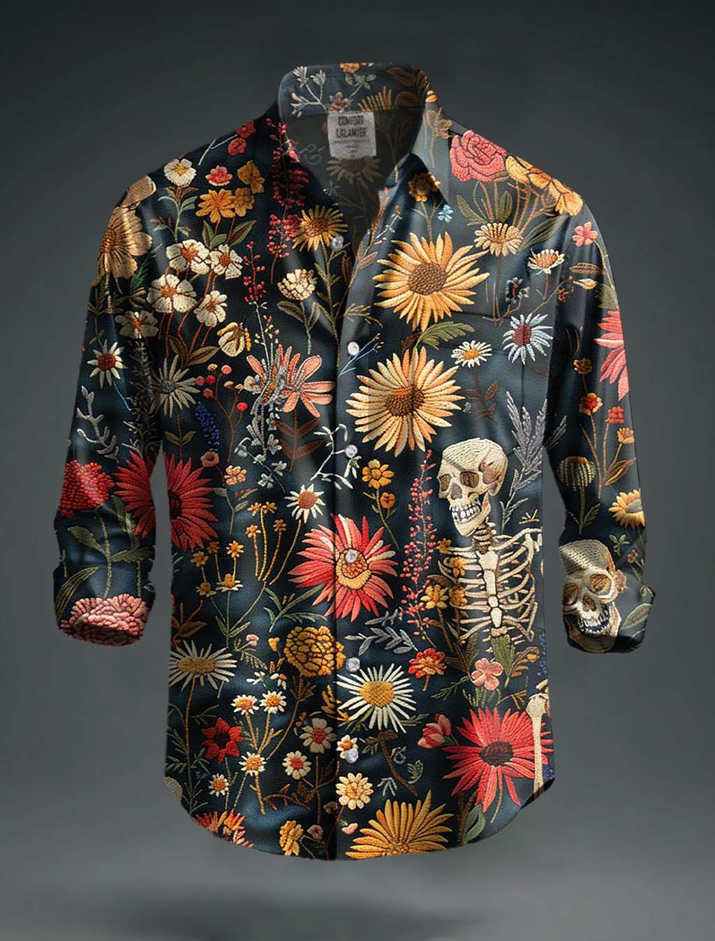 Vintage Skeleton In The Flowers Print 100% Cotton Long Sleeve Shirt