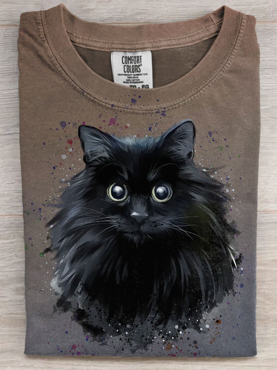 Dark Black Cat Art Print Casaul Short Sleeve T-shirt