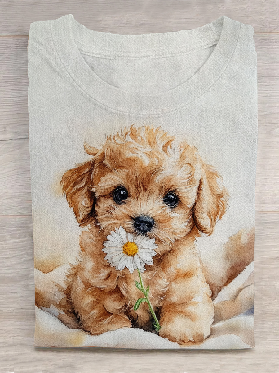 Funny Dog Art Printed Round Neck Short Sleeve T-Shirt