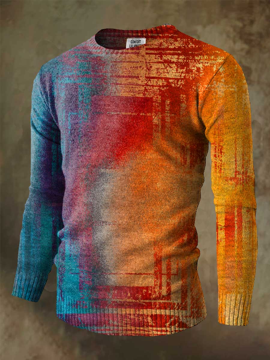 Abstrct Multicolor Art Print Knit Pullover Sweater