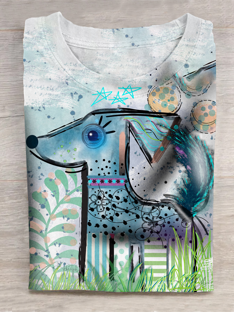 Dog Art Print Crew Neck T-Shirt