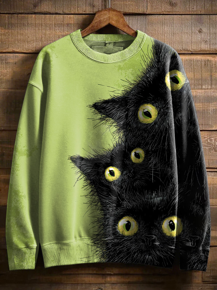 Retro Black Cat Funny Art Print Casual Sweatshirt