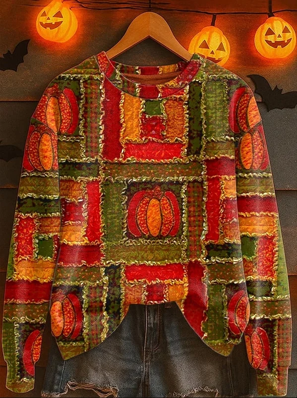 Vintage Pumpkin Plaid Halloween Art Print Casual Sweatshirt