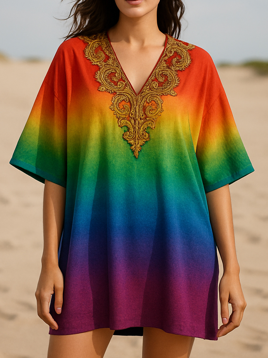 Rainbow Gradient Bohemian Art Print Casual Short Sleeve Top
