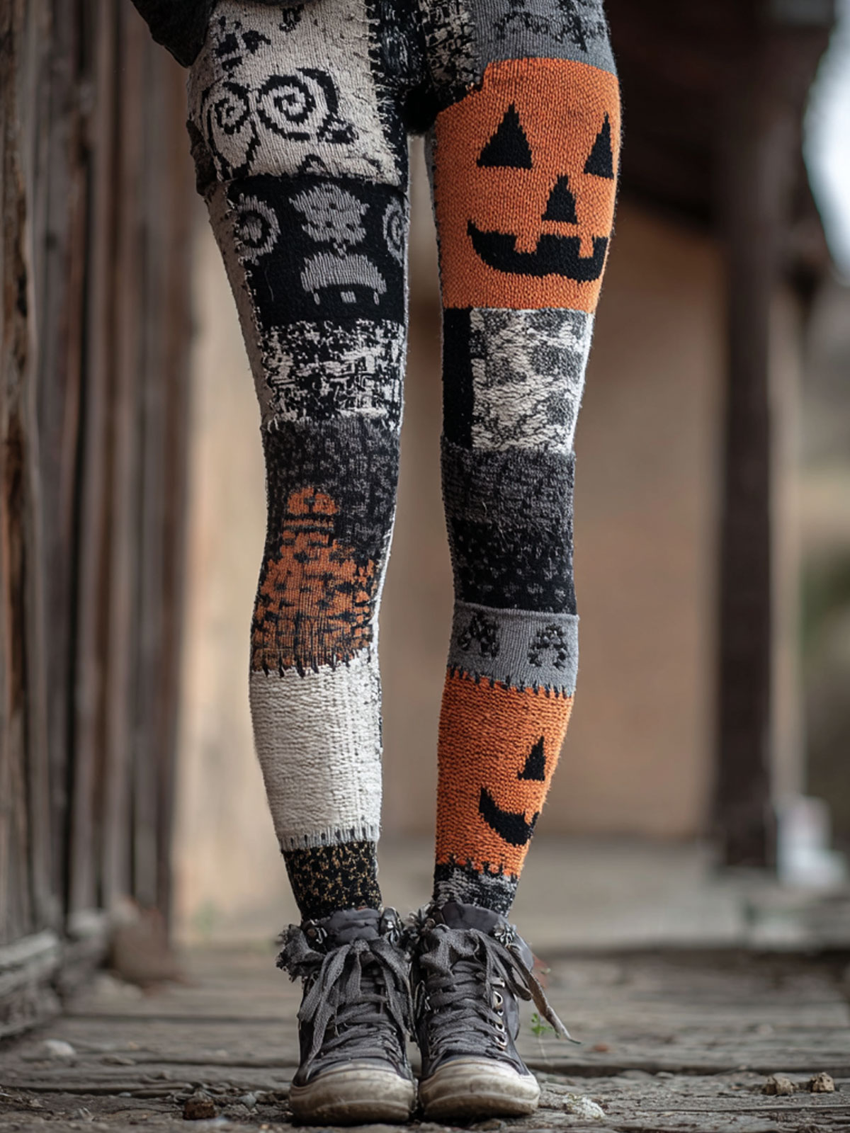 Halloween Patchwork Knit Art Print Casual Spirit Stretch Leggings