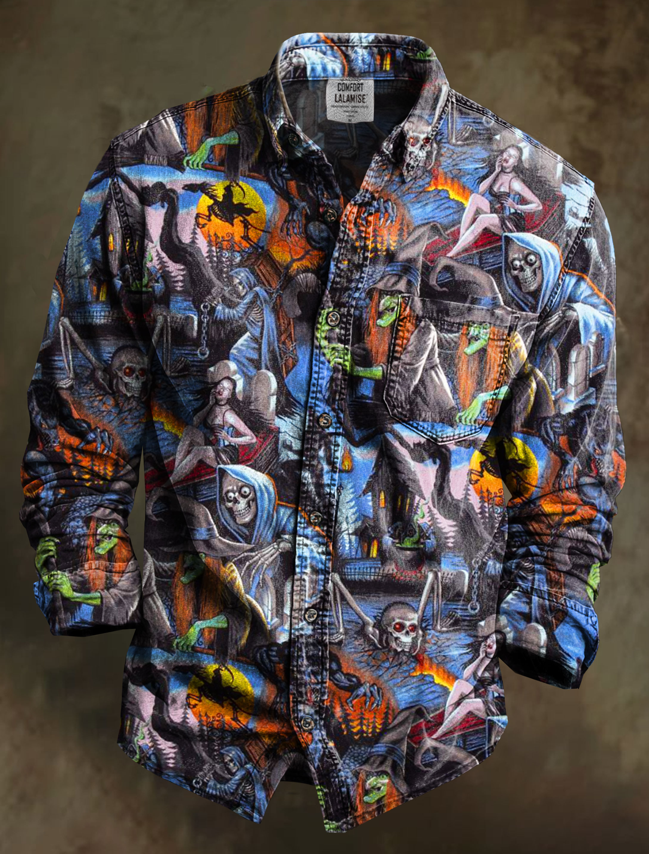 A Hallow Haunting Skull Witch Werewolf Art Print 100% Cotton Long Sleeve Shirt