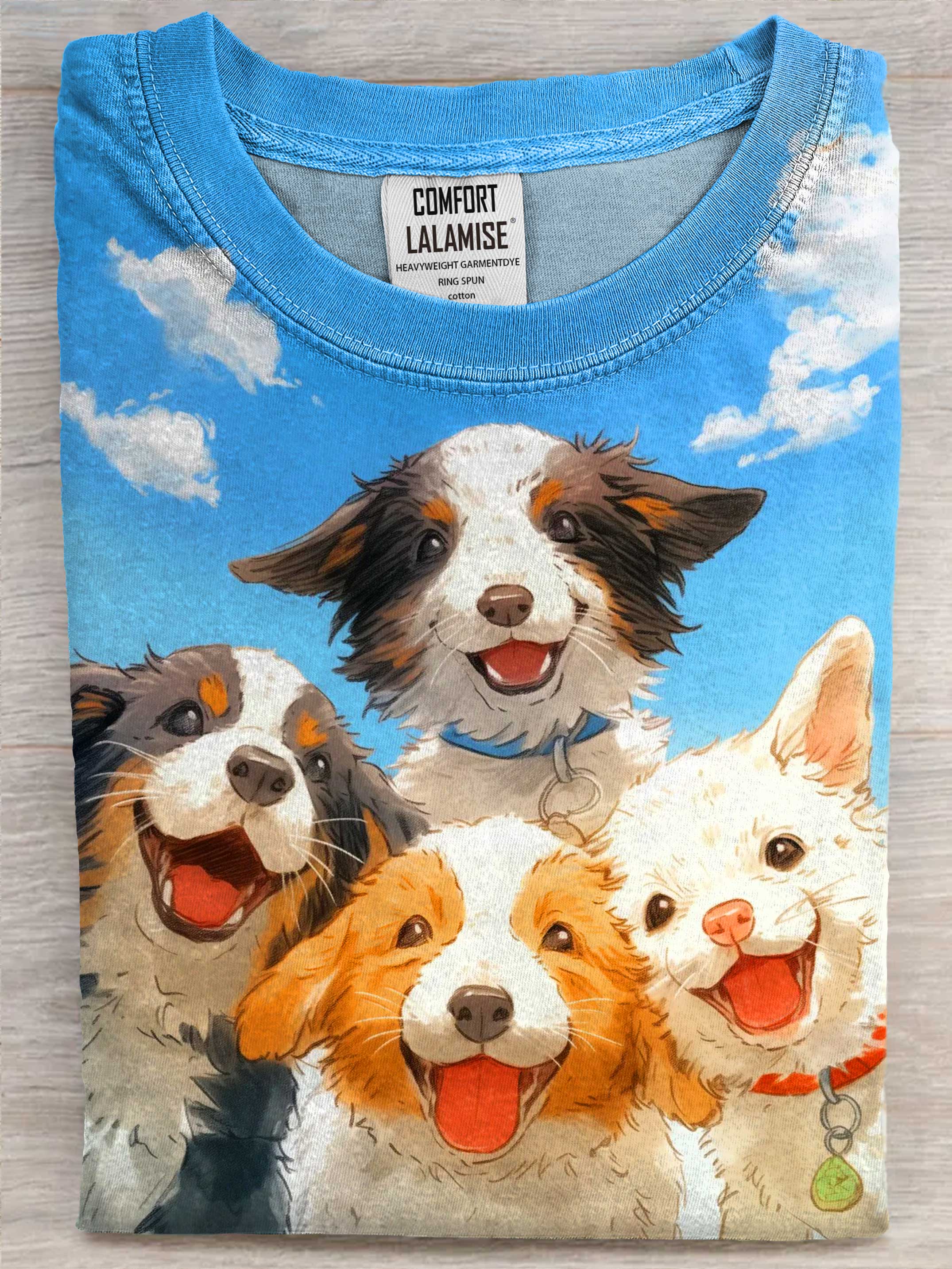 Happy Dog Art Print Cotton Casual Short Sleeve T-shirt