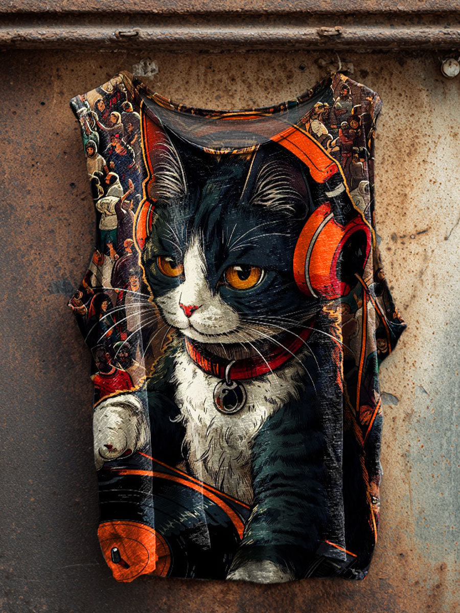 Cat Art Print 100% Cotton Casual Tank Top