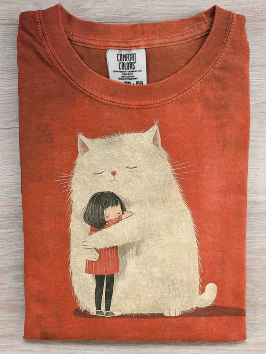 Cat Cuddles Art Print Casual Short Sleeve T-shirt