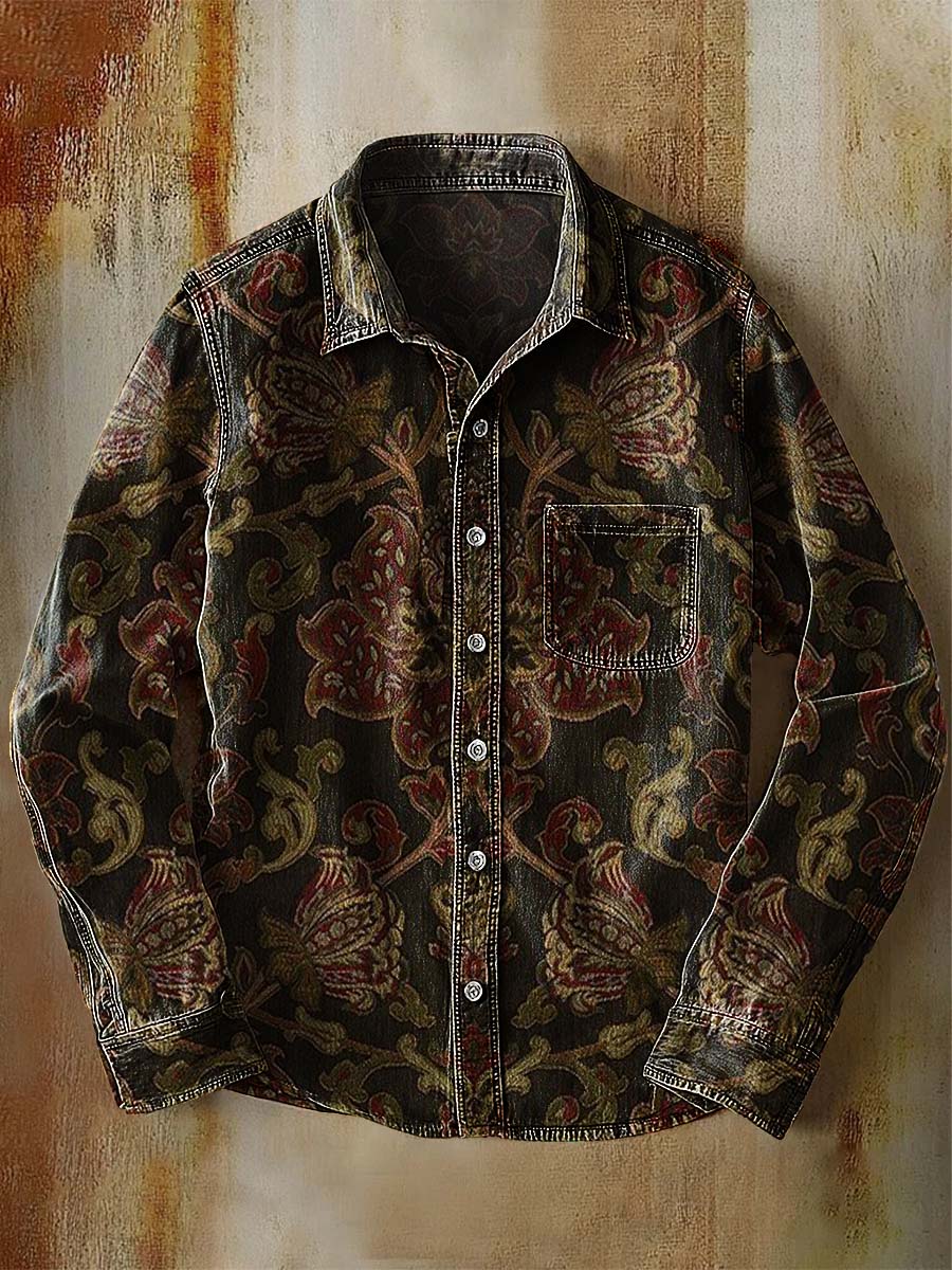 Vintage Paisley Floral Symmetry Art Print 100% Cotton Casual Long Sleeved Denim Shirt