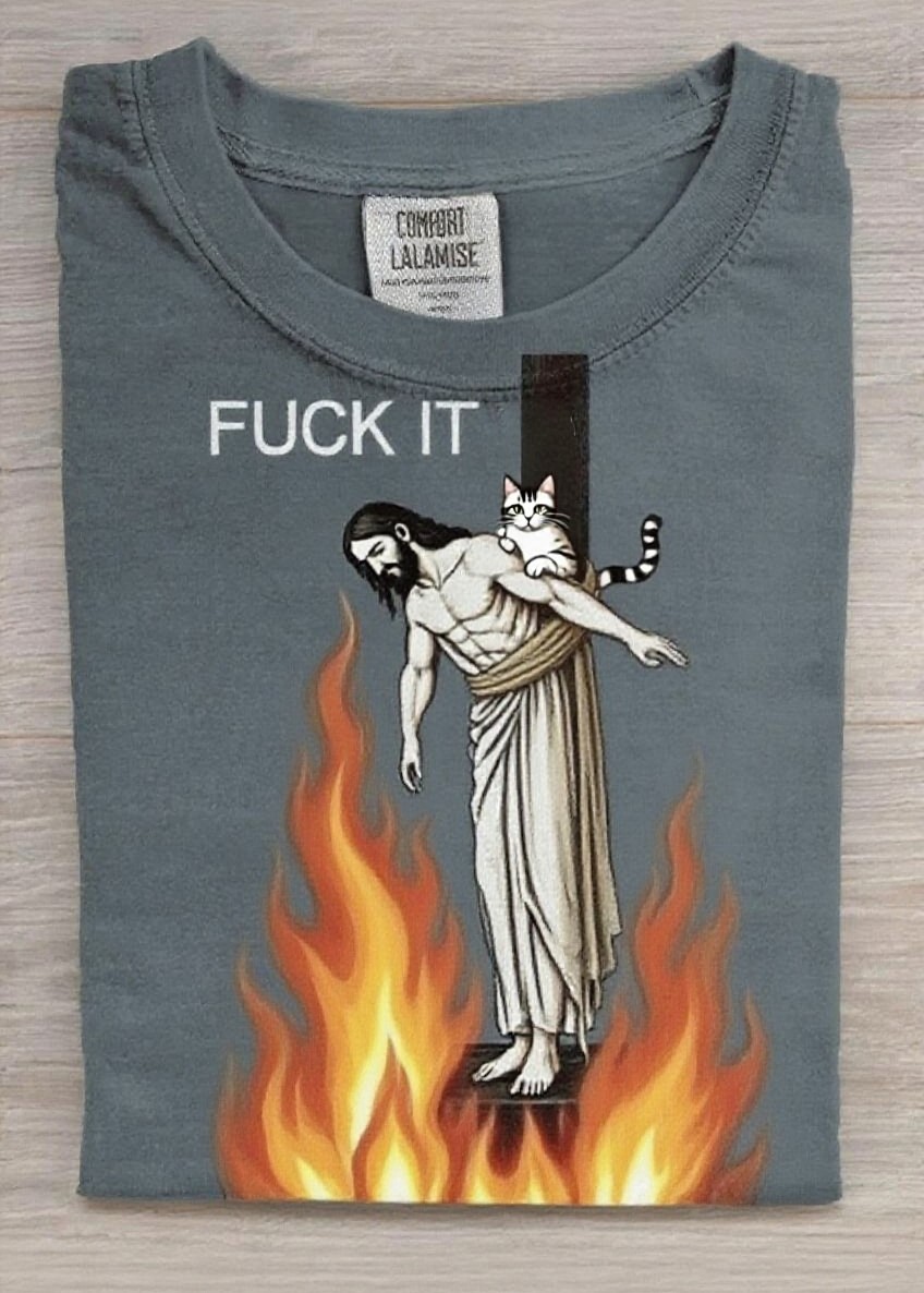 Vinatge Jesus Cat Fuck It Art Print Casual Short Sleeve T-shirt