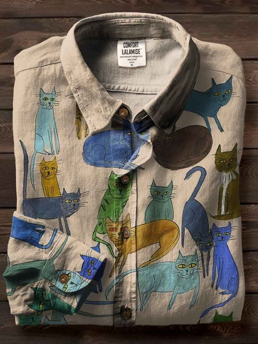 Cats Art Print Casual Cotton Shirt