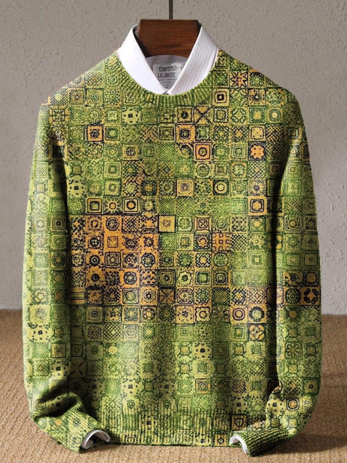 Green Abstrct Art Print Knit Pullover Sweater