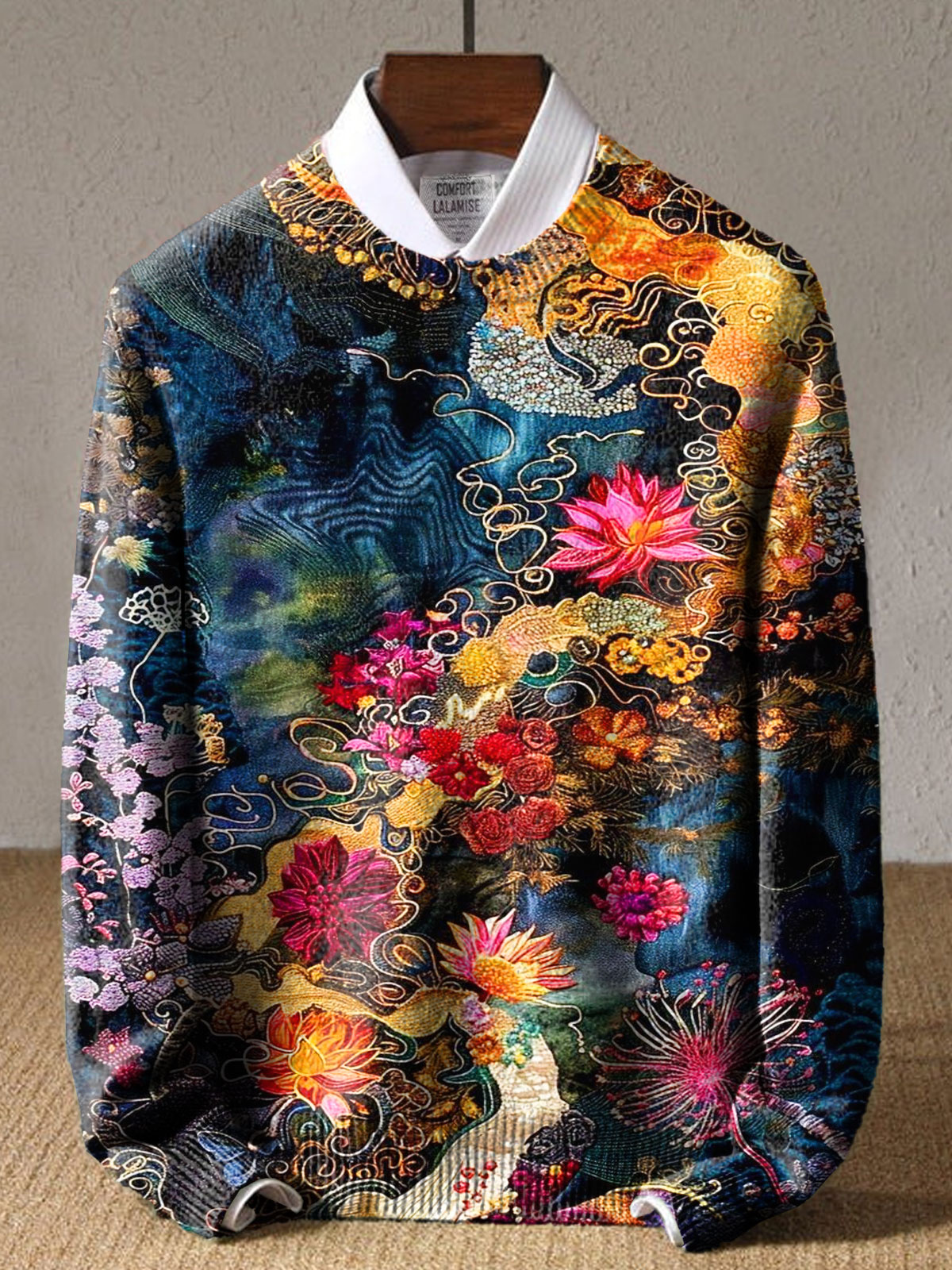 Vintage Flower Art Print Knit Pullover Sweater