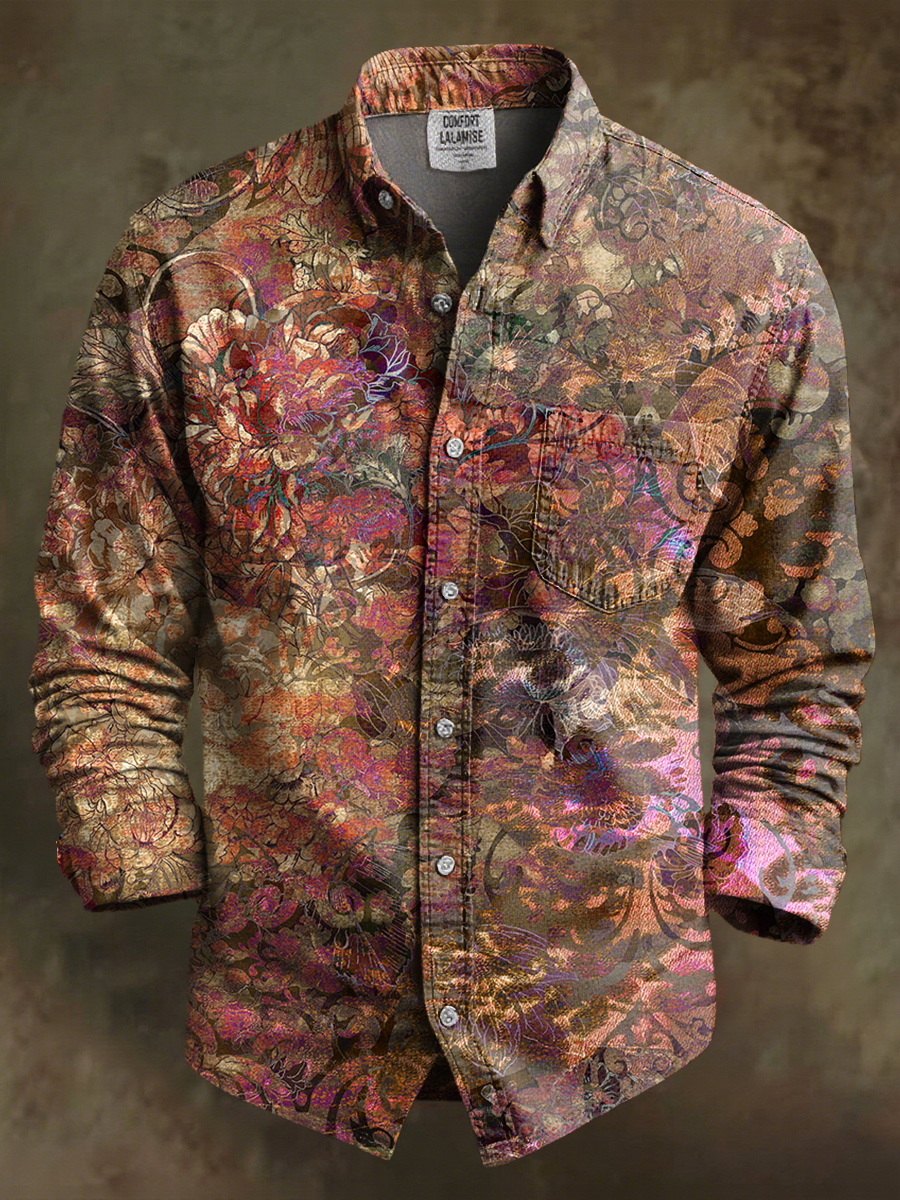 Vintage Flowers Gradient Abstract Art Print 100% Cotton Long Sleeve Shirt