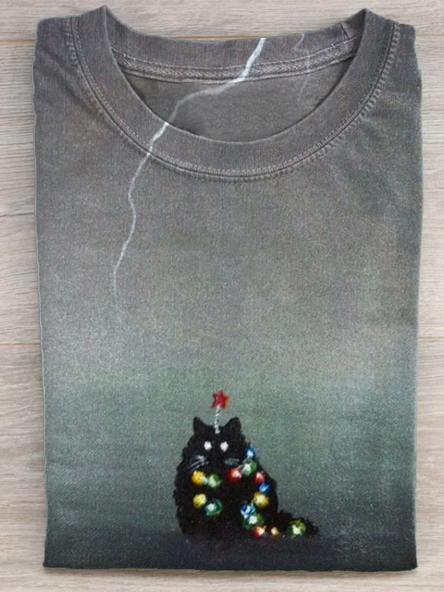 Fun Cat Christmas Tree Lights Art Print T-shirt