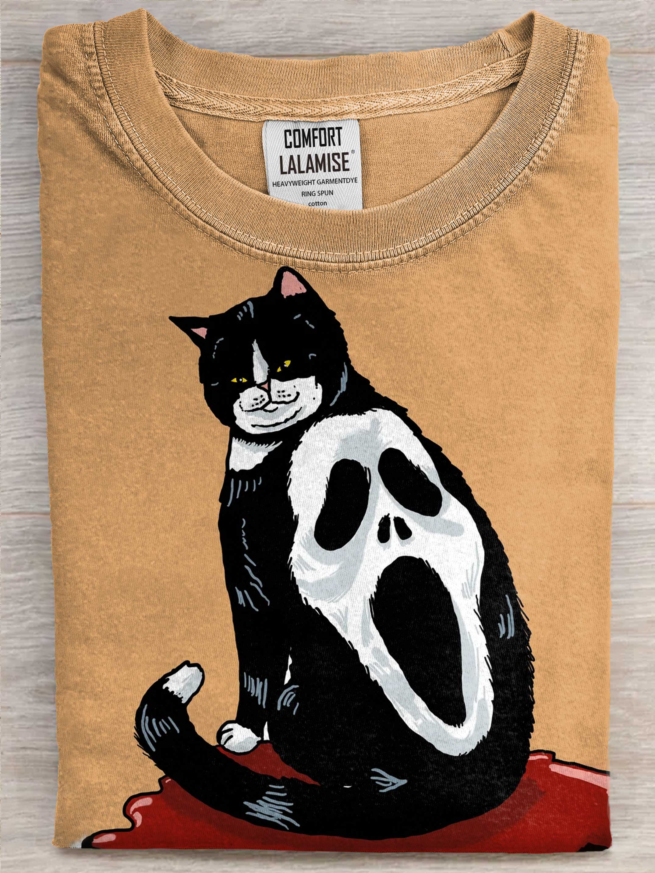 Funny Halloween Cat Art Print Casual Cotton Short Sleeve T-shirt
