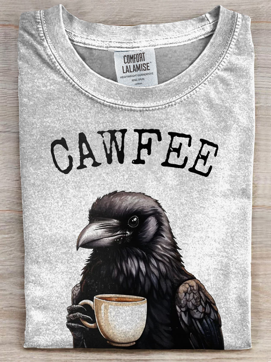 Coffee Crow Print Casual T-shirt