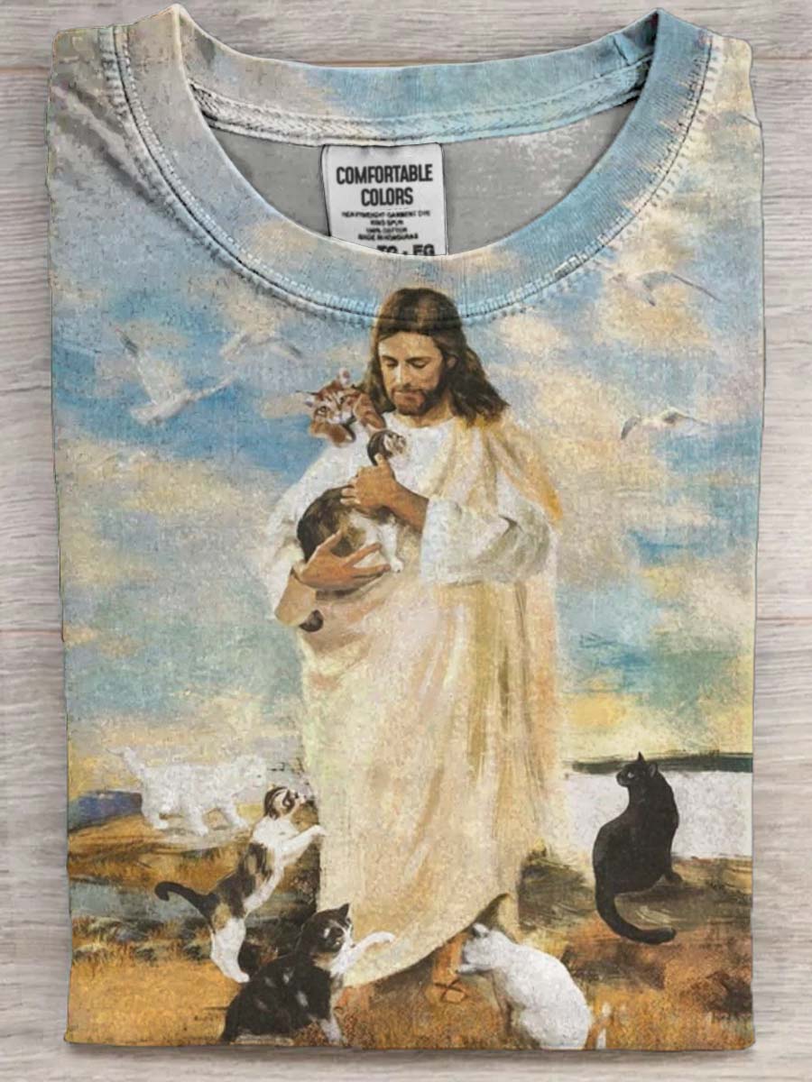 Cat Teach Jesus Printed Casual Short Sleeve T-Shirt