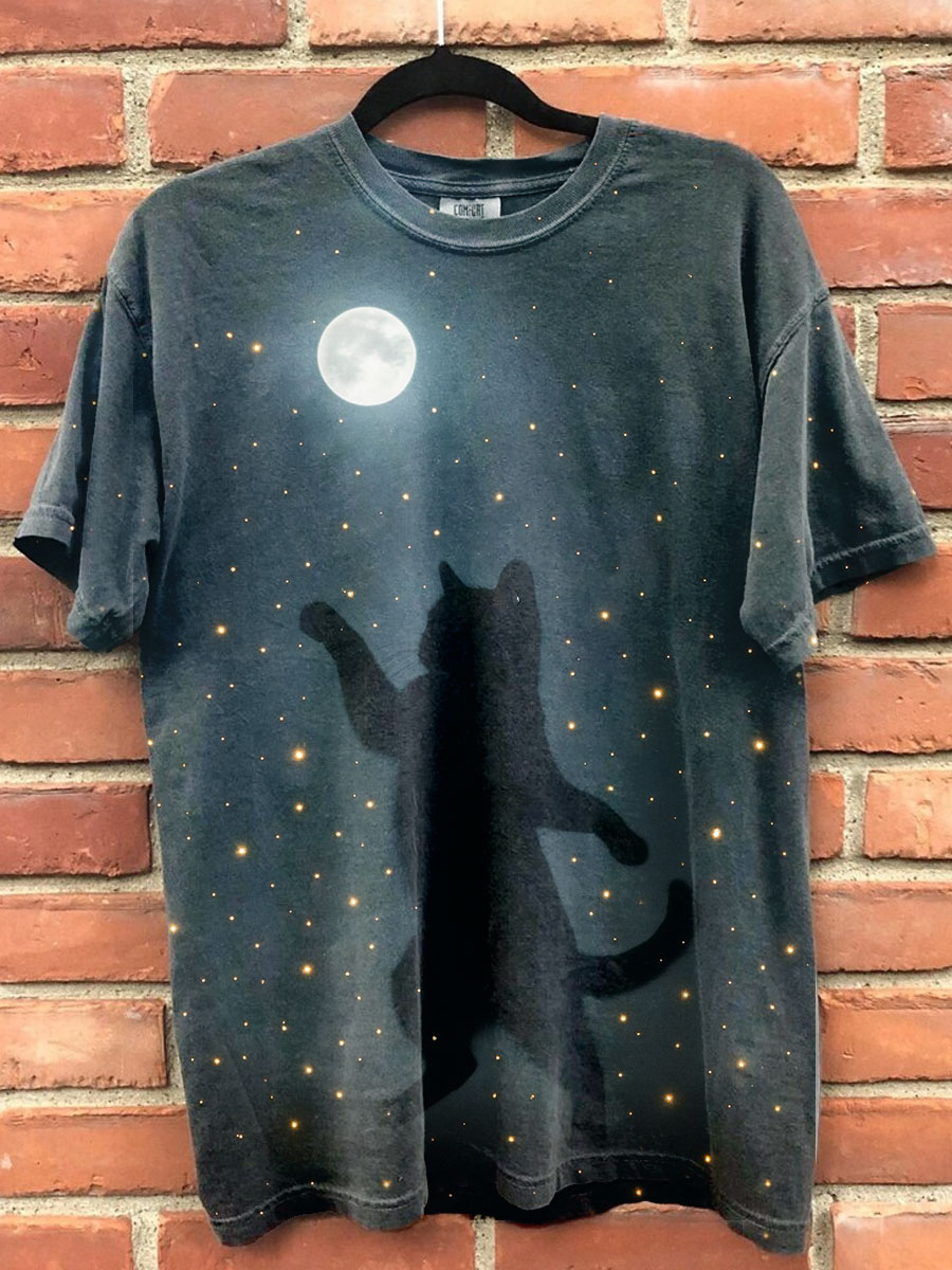 Black Cat Dancing In Moonlight Halloween Art Print Casaul Cotton Short Sleeve T-shirt