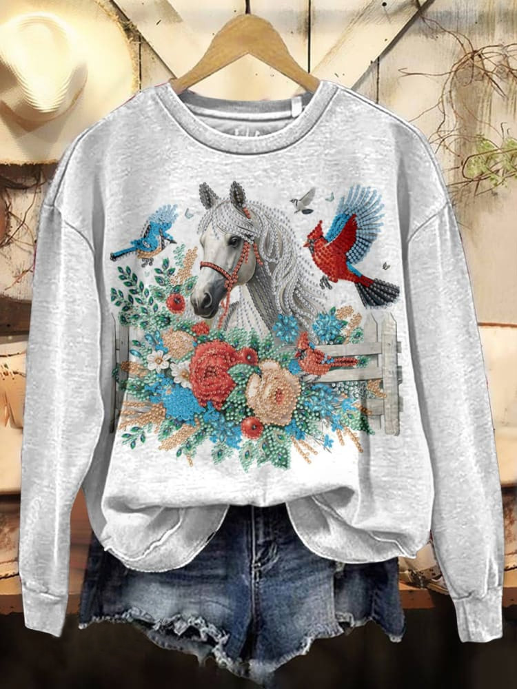 Horse Print Casual Cotton Sweatshirt