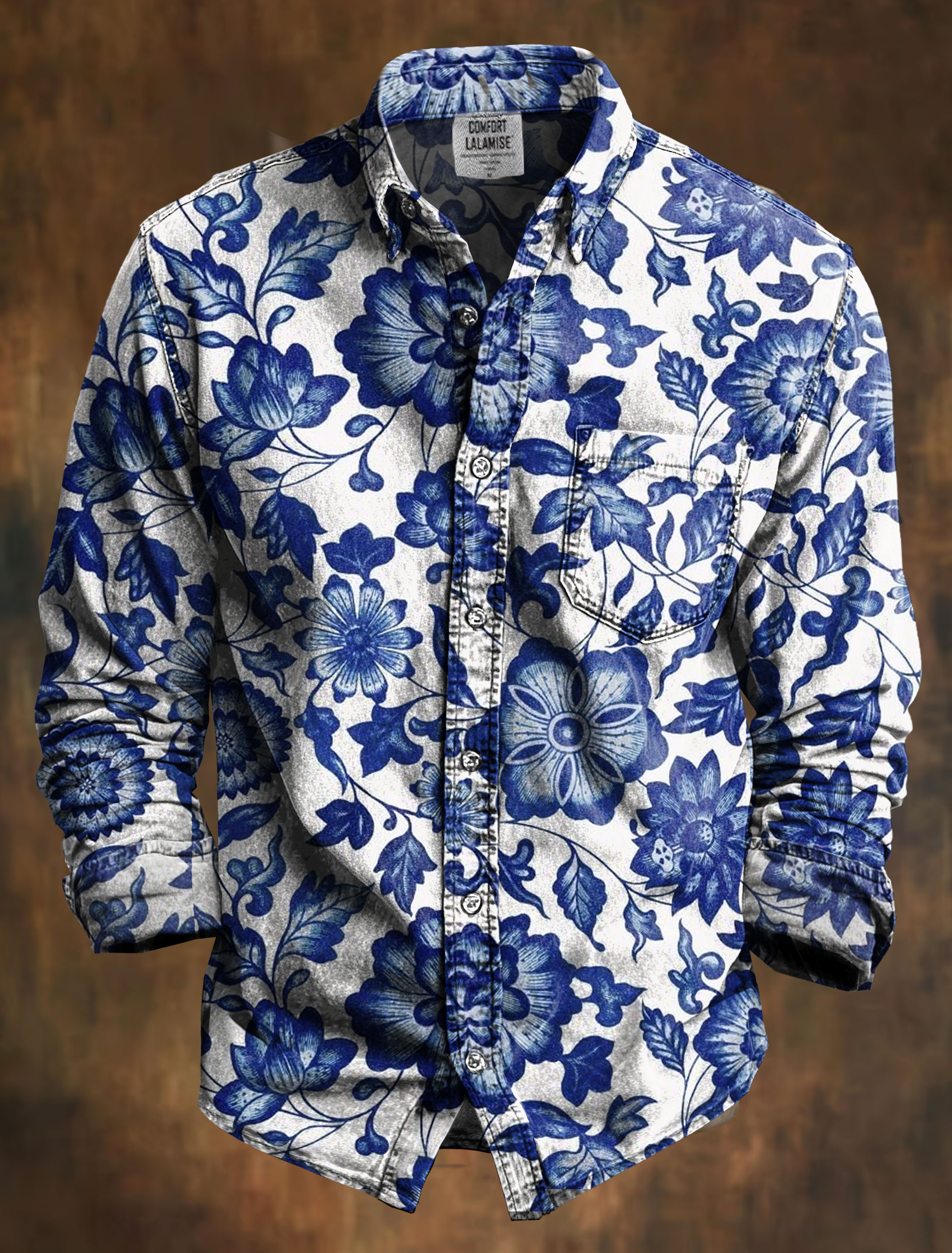 Blue Bloom Classic Art Print 100% Cotton Long Sleeve Shirt