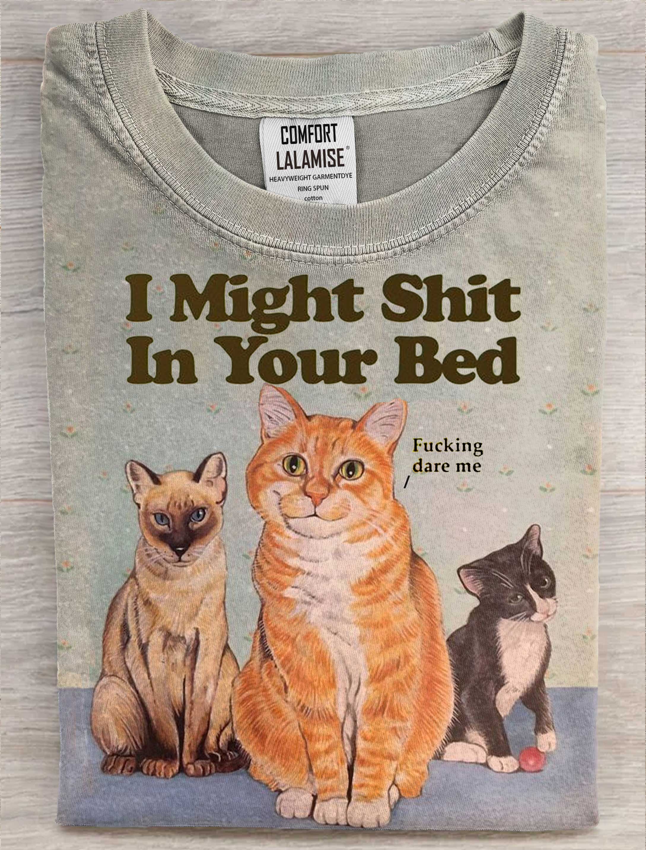 Vintage Fucking Dare Me Funny Cat Art Print Casaul Short SleeveT-shirt